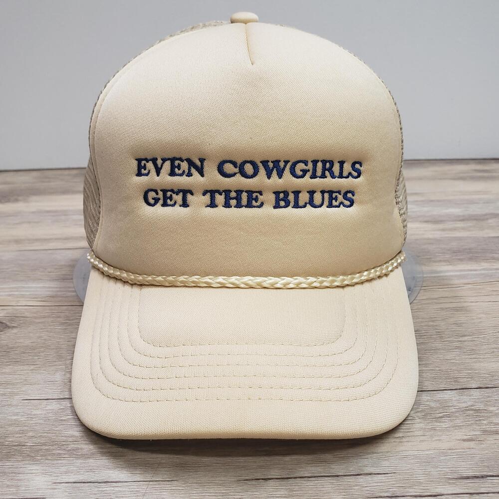 Even Cowgirls Get The Blues Hat Cap Snap Back Adjustable Beige Trucker Womens